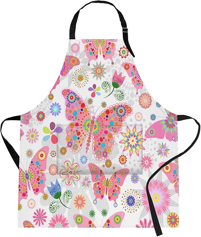 Britimes Butterfly Apron Floral Colorful Butterflies Flowers Aprons Kitchen Cooking Gardening for Women With Pockets