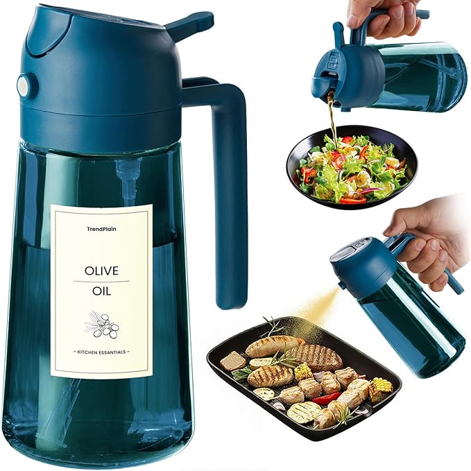 TrendPlain 16oz/470ml Blue Glass Olive Oil Sprayer for Cooking - 2 in 1 Olive Oil Dispenser for Kitchen Gadgets, Air Fryer, Salad, and BBQ - Navy