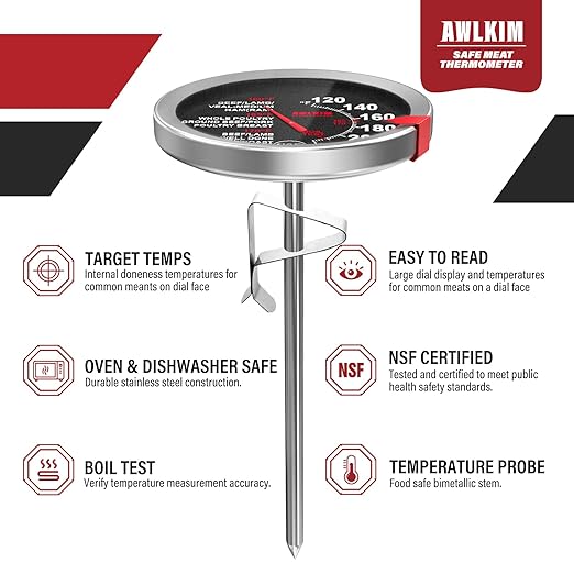 AWLKIM 2 Pack Stainless Steel Meat Thermometer, Safe Leave in Oven, 2.5-in Extra-Large Dial Food Thermometer for Cooking, Temperature Probe for Baking, Steak, Turkey - Kitchen Gadgets - Black