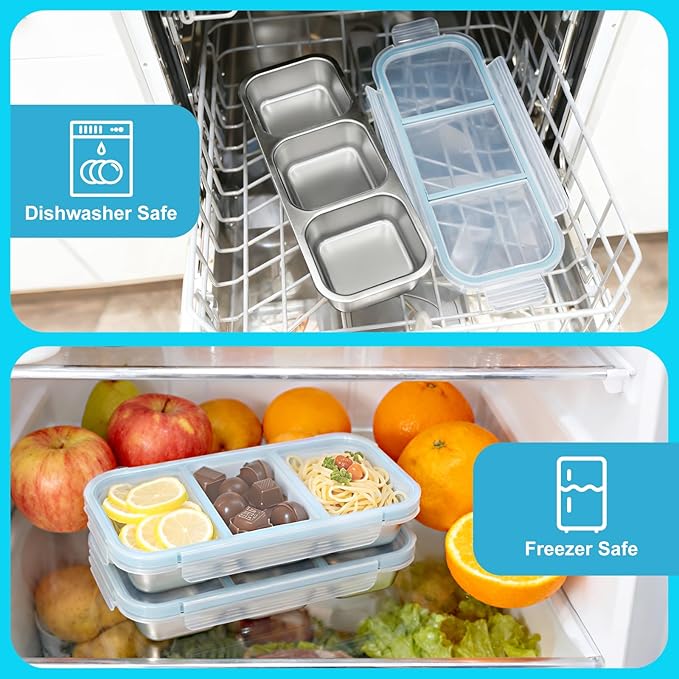 Stainless Steel Snack Containers with Lids, (3 Pack) Snackle Box Airtight Leakproof 3-Compartment Bento Box, Reusable Food Storage Container for Lunch, Travel, Picnics, and Office