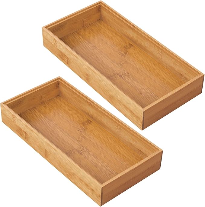 mDesign Wooden Bamboo Drawer Organizer - 12" Long Stackable Storage Box Tray for Kitchen Drawers/Cabinet - Utensil, Silverware, Spatula, and Flatware Holder - Echo Collection - 2 Pack, Natural Wood