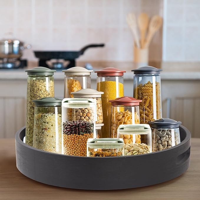 13in Black Bamboo Lazy Susan Turntable - Round Rotating Organizer for Cabinet, Table Top & Kitchen | Spice & Seasoning Spining Serving Tray