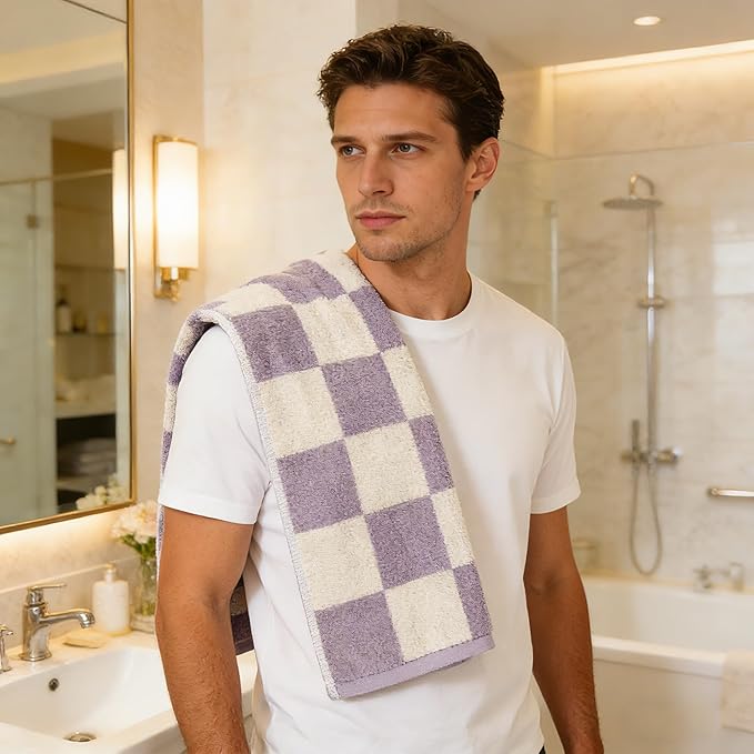 Madi-Cadi 100% Cotton Checkerboard Towels Set of 2, Farmhouse Kitchen & Guest Bathroom Towels, 13 x 29 Inches, Highly Absorbent Lint-Free Dish & Hand Towels with Double-Stitched Hems(Lavender)