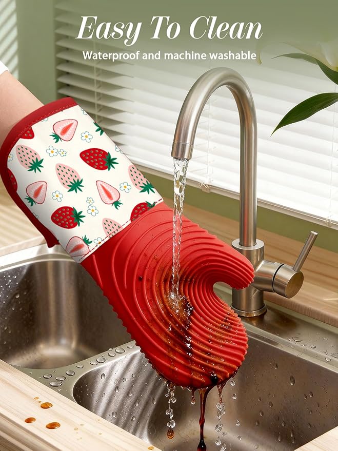 Slohif Long Silicone Oven Mitts Heat Resistant for Women - 2 Pcs Strawberry 100% Cotton Oven Gloves, Non-Slip and Waterproof Silicone Oven Mitts with Hanger for Baking and Cooking