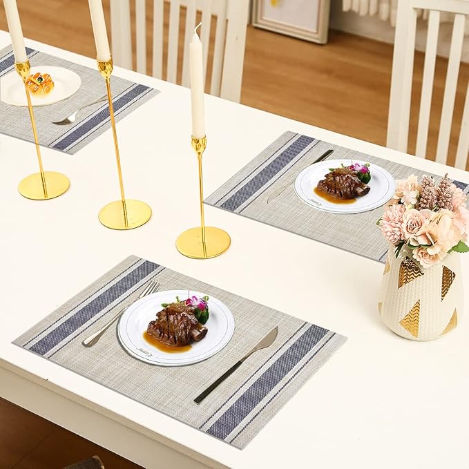 DACHUI Placemats Set of 4, Soft & Elegant Woven Vinyl Place Mats, Water Resistant, Heat Resistant, Washable, Durable Table Mats (Blue Stripes)