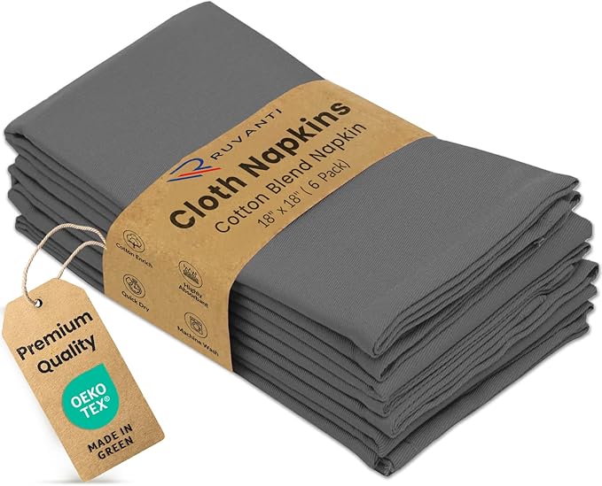Ruvanti Cloth Napkins Set of 6, 18x18 Inches Napkins Cloth Washable, Soft, Durable, Absorbent, Cotton Blend. Table Dinner Napkins Cloth for Hotel, Lunch, Restaurant, Wedding Parties - Charcoal Grey