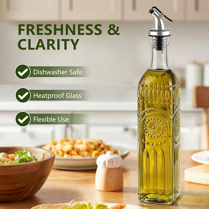 WERTIOO 4 Pack Olive Oil Dispenser Bottle for Kitchen,17oz Clear Glass Cooking Olive Oil and Vinegar Dispenser with Funnel, Delicately Engraved Glass Bottles for Kitchen