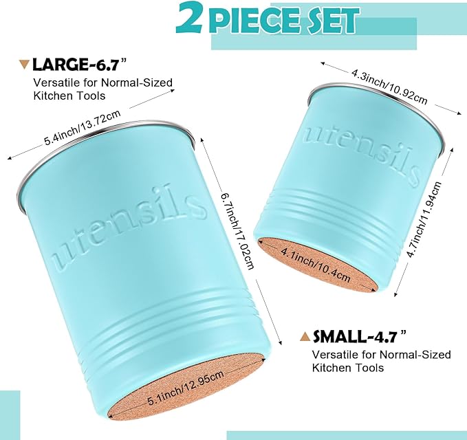 FoldTier 2 Pack Kitchen Utensil Holder for Counter 6.7"+4.7" Farmhouse Cooking Utensil Crock with Cork Bottom Modern Farmhouse Decors Countertop Storage Organizer Caddy Housewarming Gift(Turquoise)