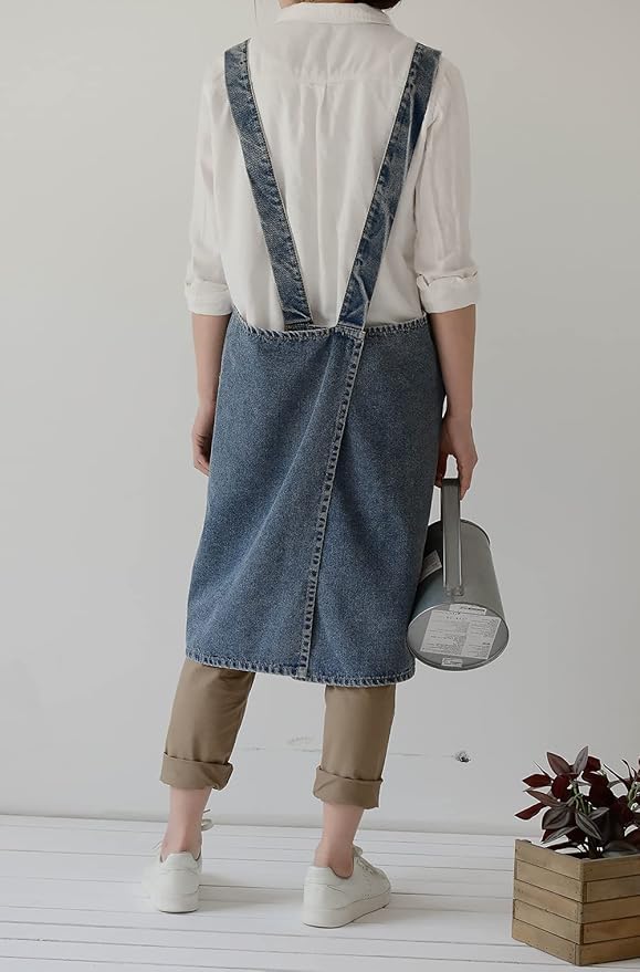 Denim Apron with Large Pockets for Cooking Kitchens, Gardening Aprons for Women Men, Bib Jean Apron for Arts Cafe Work (Style B, Deep Blue)