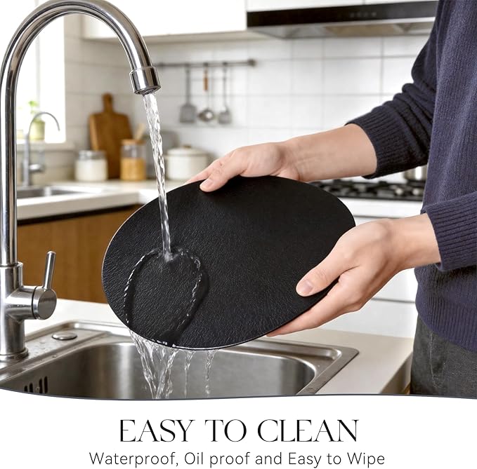 MOSAYT 13 Inch Round Vinyl Placemats Set of 6 - Faux Leather 100% Waterproof Oil-Proof Wipeable PU Place Mats, Heat Resistant Reversible Table Mats for Kitchen, Dining, Outdoor (Black)