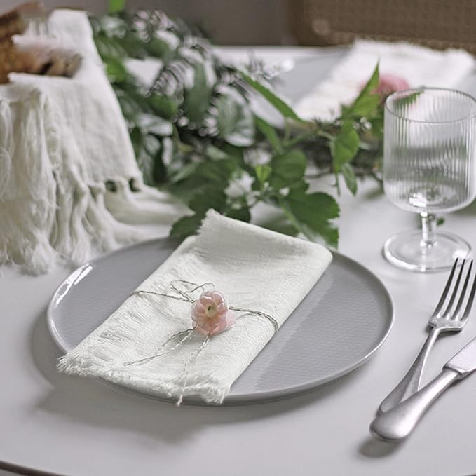 Handmade Cloth Napkins 100% Cotton Napkins with Fringe，Delicate Handmade Cloth Napkins for Dinners, Parties, Weddings and More，18 x 18 Inch Set of 12 - White