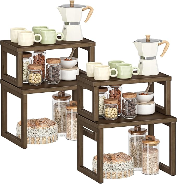 HOOBRO Cabinet Organizer Shelf, Set of 4 Kitchen Counter Shelves, Expandable Kitchen Storage, Stackable Bamboo Spice Rack, for Kitchen, Countertop, Office Desk, Living Room, Mocha MA20TLP201