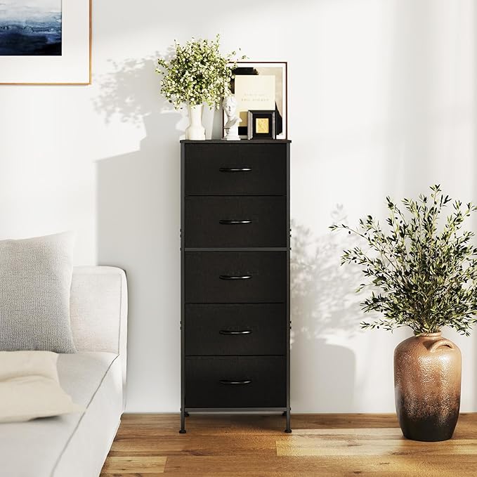 Sweetcrispy 5 Drawer Dresser with Fabric Bins, Sturdy Steel Frame and Wood Top, Storage Organizer Chest for Bedroom, Closet, Hallway, Black
