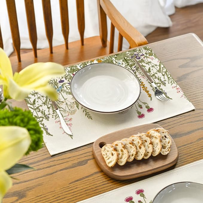 Artoid Mode Antique Herbs and Wild Flowers Summer Placemats Set of 4, 12x18 Inch Seasonal Wildflower Spring Table Mats for Party Kitchen Dining Decoration
