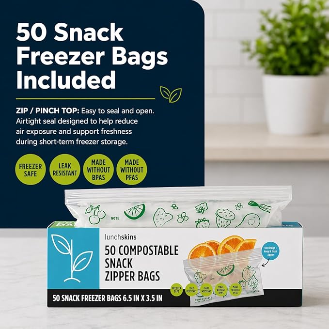 Lunchskins Ziptop Home Compostable & Resealable Freezer-Safe Food Storage Bags, Snack Size, 50 Bags - Eco-Friendly, Made Without PFAS and BPAS