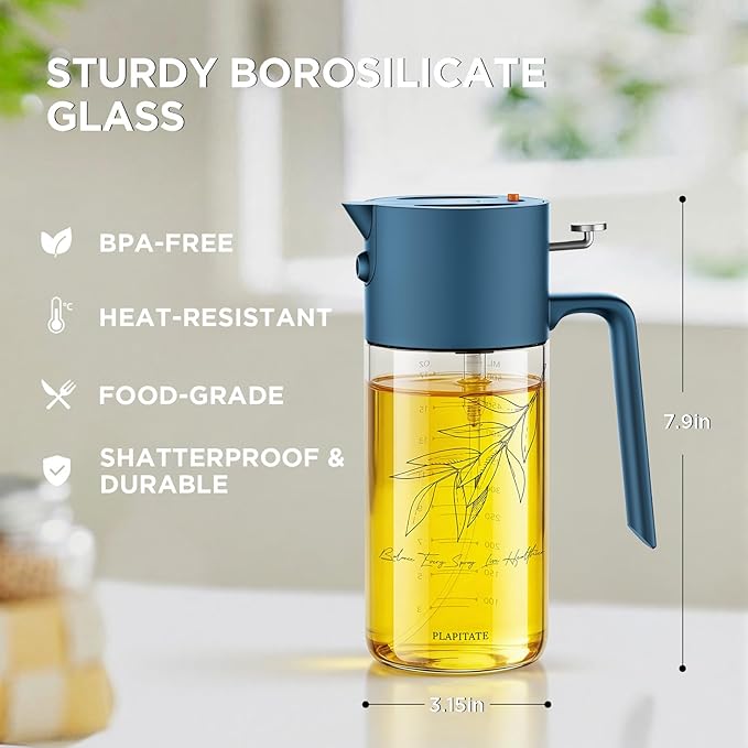 PLAPITATE 17oz/500ml Premium Olive Oil Sprayer for Cooking, 2 in 1 Glass Olive Oil Dispenser Bottle for Kitchen Gadgets, Spray Bottle with Portion Control for Salad, Frying, BBQ (Blue)
