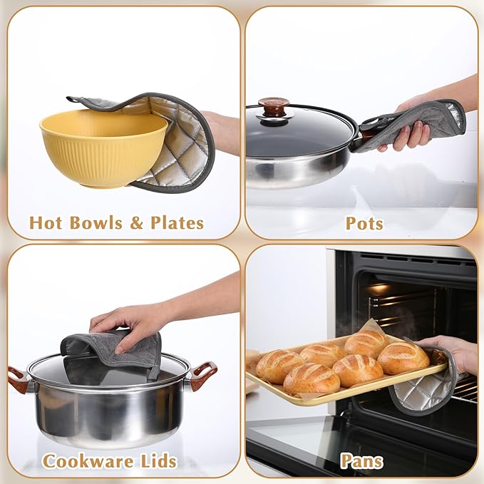 4 Pcs Kitchen Hot Pads Pot Holders Dining Essentials Decor Accessories Terry Cloth Potholders Sets with Hanging Loops for Oven Cooking Baking Pans Heat Resistant, Grey