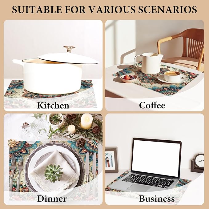 Cotton Linen Waterproof Placemats Set of 4, Boho Ethnic Style Dining Mat Table Mats Decor Fabric for Kitchen Dinner Coffee Shop Table, Indoor/Outdoor Washable Wipeable Placemat -N019