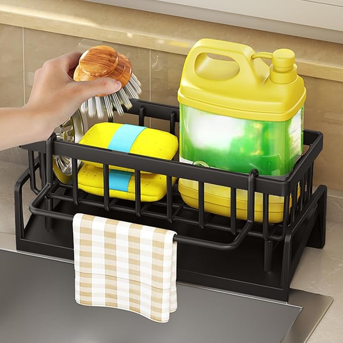 Sponge Kitchen Sink Caddy Organizer Brush Sink Sponge with Auto Draining Tray, Self Drain Dish Soap Caddy, 9.05" Lx4.33 Wx3.93 H (Black,)