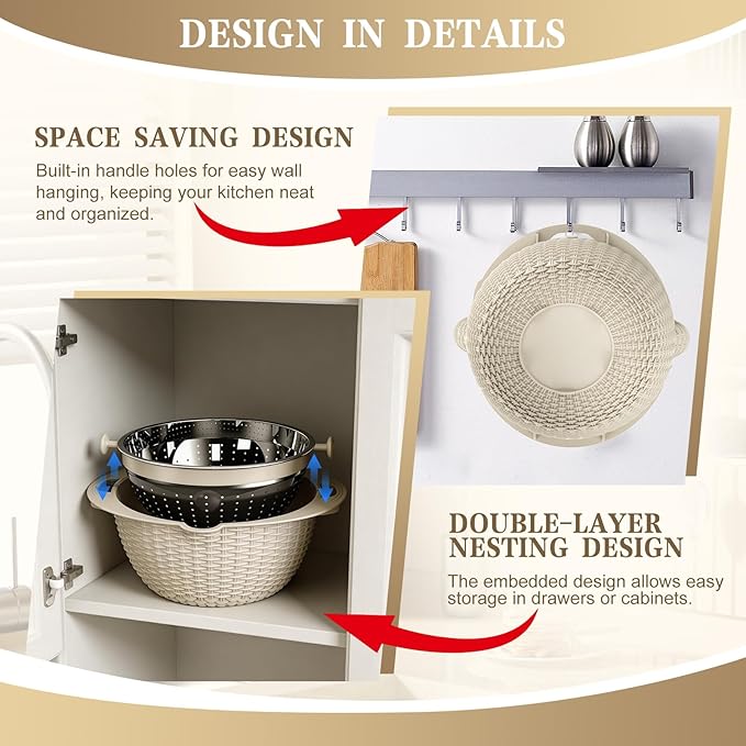 4-1 Colander with Bowl Set - Rotatable Colander for Kitchen (Patented), Upgraded Graters Food Strainers for Pasta Fruits and Vegetables, Funny Presents for Women, Aesthetic Kitchen Gadget - Beige