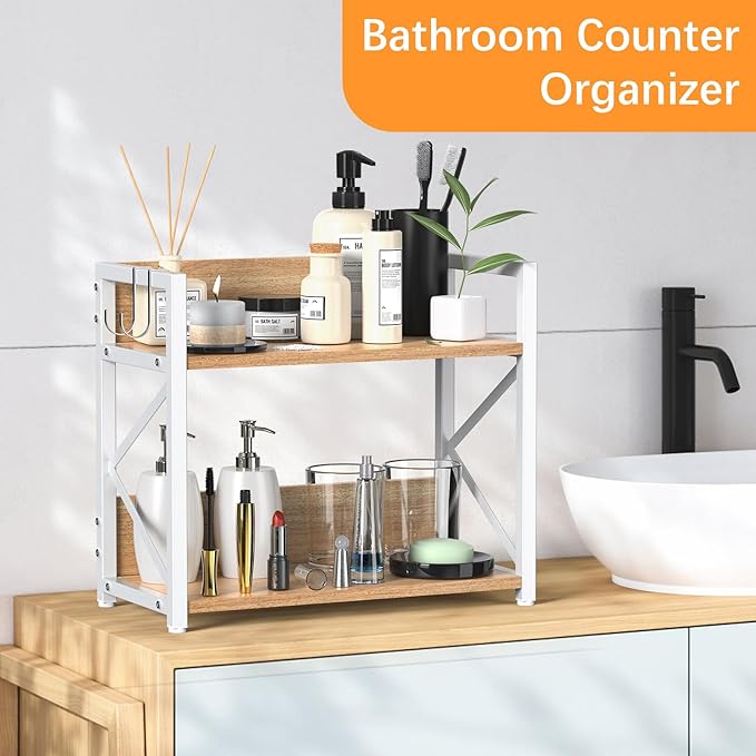 RUILALIFE Kitchen-Countertop-Organizer-Shelf, 2 Tier Coffee Bar Station Organizer for Counter,Wooden Spice Rack Shelf, Space Saving Desk Shelving Riser Unit, Coffee Bar Accessories (Maple, Large)