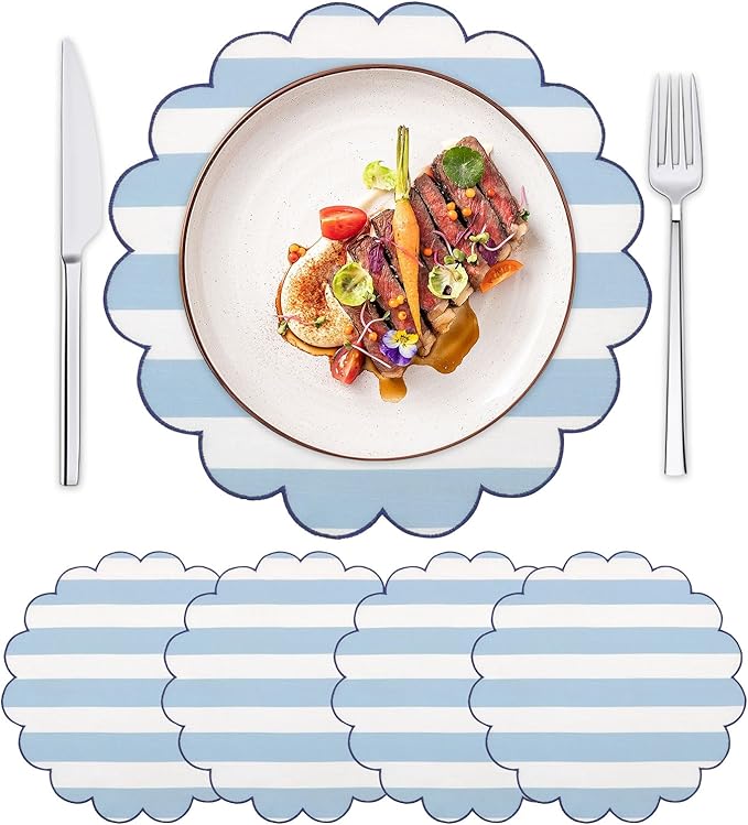 SK Studio Set of 4 Cotton Linen Placemats, 15x15 Round Scalloped Cloth Table Mats, Embroidery Double Layered Washable Dining Placemat for Hotel Restaurant Kitchen, Blue
