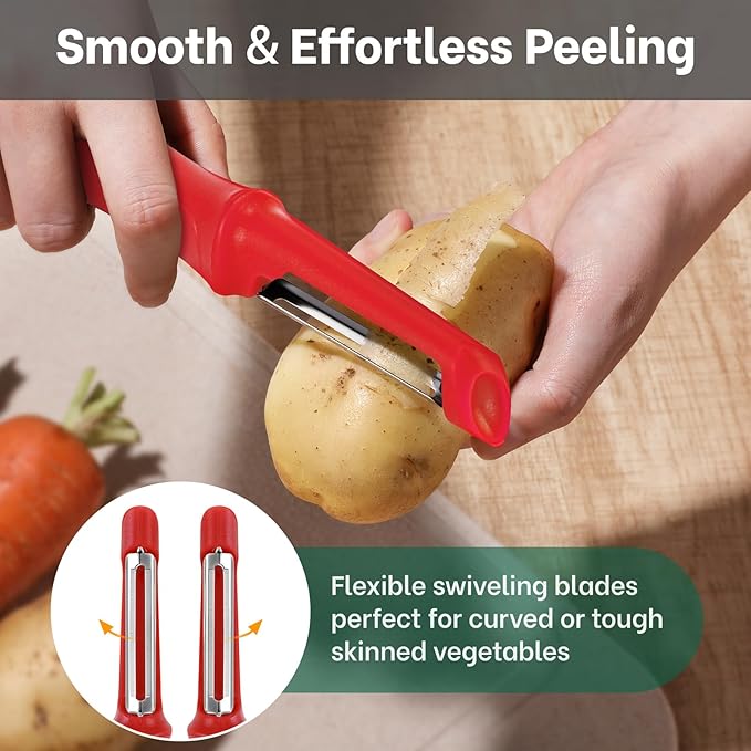 Beneno Swivel Vegetable Peeler, Razor-Sharp Smooth Peeling Potato Peelers with Stainless Steel Blades, Ergonomic Comfort Non-Slip Rubber Handle, Durable Kitchen Peelers with Potato Eye Remover, Red
