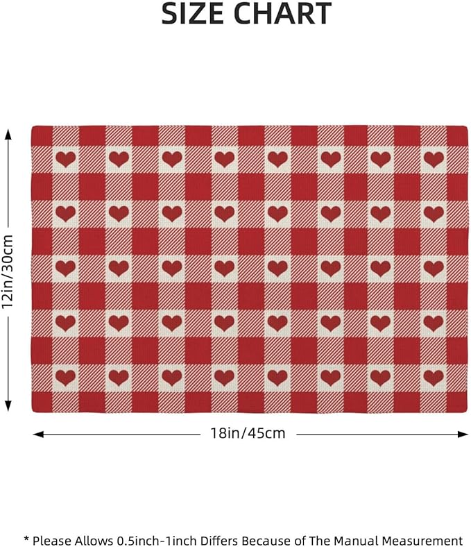 Valentines Placemats Set of 4 Red Pink Love Heart Buffalo Plaid Decor Place Mats 12x18 Inch Gingham Anniversary Wedding Holiday Linen Table Mats for Home Kitchen Dining Party Table Decoration