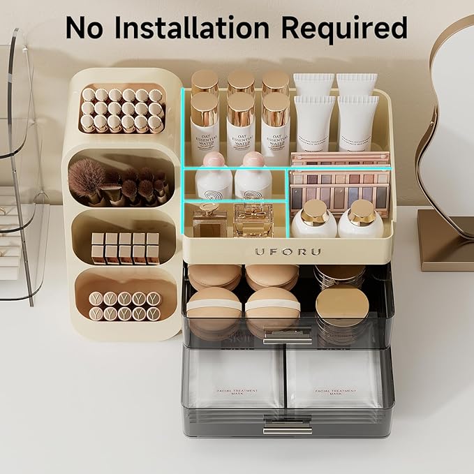 Makeup Organizer for Vanity with Brush Holder, Large Plastic Bathroom Countertop Skincare Organizer with 2 Drawers, Spacious Cosmetic Display Case for Perfumes, Eyeshadow Palettes, Nail Polishes
