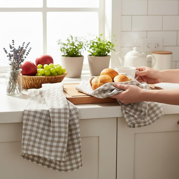 Eight Owls Stonewashed Linen Kitchen Dish Towels - 20 x 27 inch – 100% Pure Linen Tea Towel/Hand Towel - Set of 2 (Natural Check)