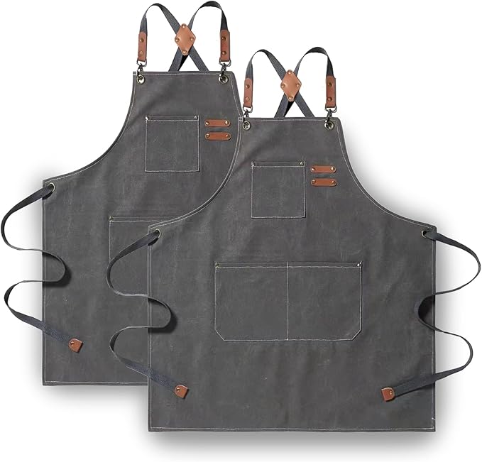 Tosewever 2 Pack Canvas Cross Back Chef Apron for Men Women with Pockets, Cotton Tool Aprons for Cooking Kitchen BBQ Artist