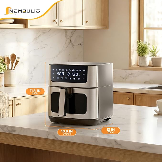 NEWBULIG Air Fryer 6.34QT, Airfryer with Visible Window, 400℉ Fast Heating Air Fryers Oven with Nonstick and Dishwasher-Safe Basket, 8-in-1 Cooking Preset, Timer，Auto-Off, Stainless Steel, Grey