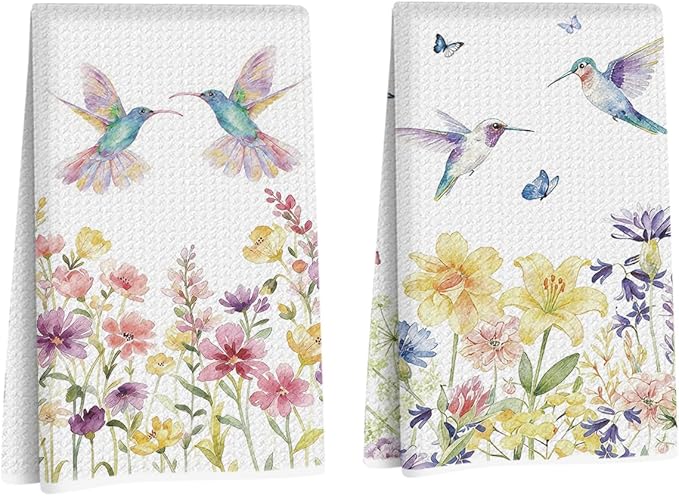 2 Pcs Hummingbird Floral Kitchen Towels Set, Absorbent Microfiber Waffle Weave Dish Cloths, Decorative Hand Towels for Bathroom Kitchen, Hummingbird Gifts for Women Housewarming Spring Holiday