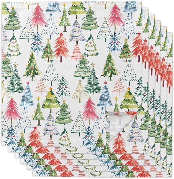 Christmas Tree Cloth Napkins Set of 6, Green Pink Blue Xmas Trees Washable Dinner Napkins Colorful Cartoon Plant Table Reusable Napkin for Home Party Wedding Dining Table Decoration, Oversized 20"x20"
