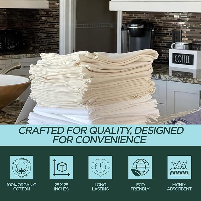 Flour Sack Kitchen Towels |Organic Cotton Blank Towel| Tea Towel Crafting Embroidery|Flat Thick Absorbent Quick Dry | Baking Bread Proofing Breathable Linen Cloth Cover Set of 10, 28 x 28 Inch, Ivory
