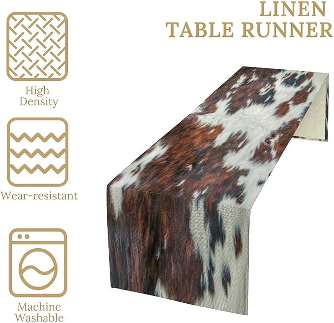 Cow Skin Print Table Runner, Rustic Cottage Country Farm Animal Fur Skin Western Style Brown Cowhide Print Dinner Runner for Home Kitchen Dining Table Decoration 13"x90"