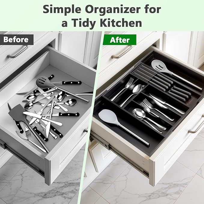 9-Piece Bamboo Kitchen Drawer Organizer Set, Expandable Silverware &Utensil Organizer with Removable Knife Block & Steak Knives, Flatware Organization, Tableware Dividers Storage(Black)