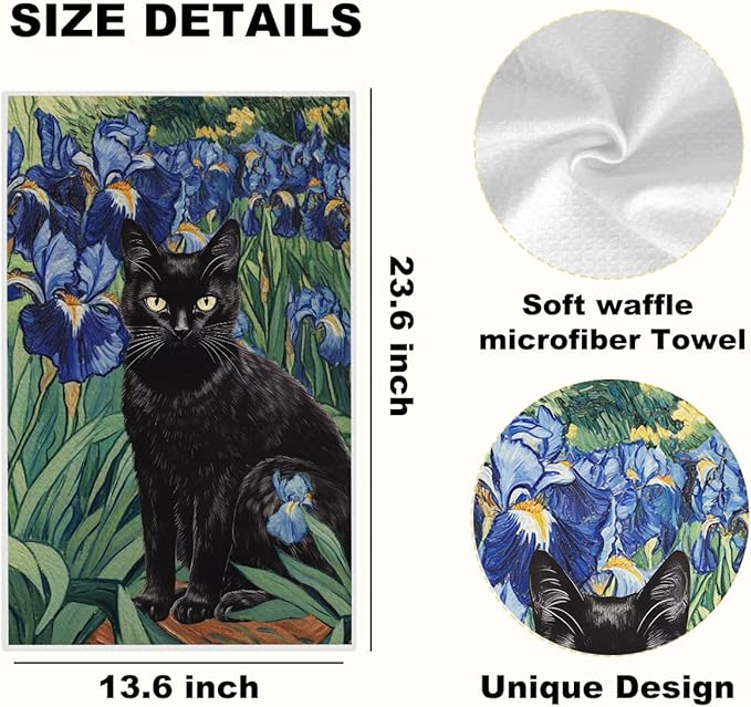 3Pcs Cat Kitchen Towels, Starry Night Dish Cloth Tea Towel, Sunflower Dish Towels for Kitchen Drying, Microfiber Waffle Hand Towel for Home Bathroom Decor, Cat Lover Gifts for Women Mom, 24x14 Inch