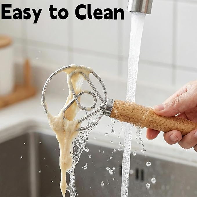 TEEVEA Danish Dough Whisk for Bread Sourdough, Wooden Handle & Stainless Steel Hook