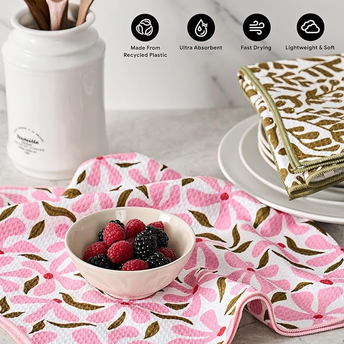 RECYCO Waffle Kitchen Towel Set of 2 - Quick Dry Microfiber Sustainable Dish Towels - Ultra Absorbent Reusable Cleaning Tea Towels - Lightweight Hand Towels,16”x 28”, Petal & Leaf
