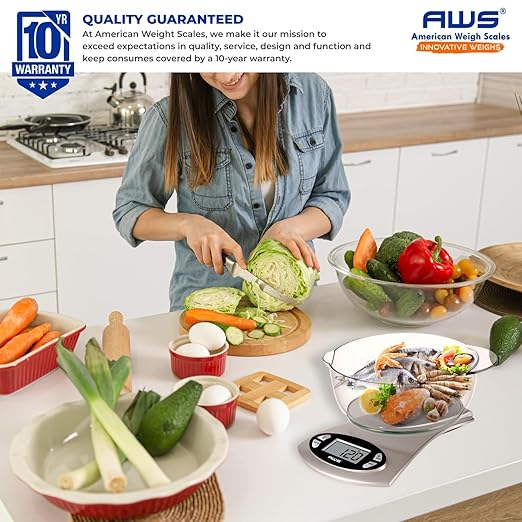 AWS Kitchen Pro 0.1g/0.001oz Precision Food Scale 5kg/11lb Digital Bowl Scale with Tempered Glass, | 2.72L Dishwasher-Safe Bowl, Tare, Timer, Clock & Room Temperature Display | Ultra Cooking Scale