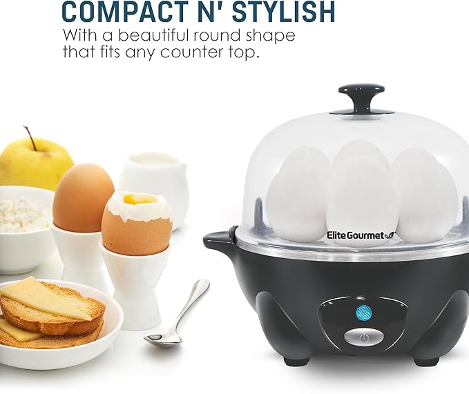 Elite Gourmet EGC710DKG Rapid Egg Cooker, 7 Easy-To-Peel, Hard, Medium, Soft Boiled Eggs, Poacher, Omelet Maker, Auto Shut-Off, Alarm, 16-Recipe Booklet, BPA-Free, Ash