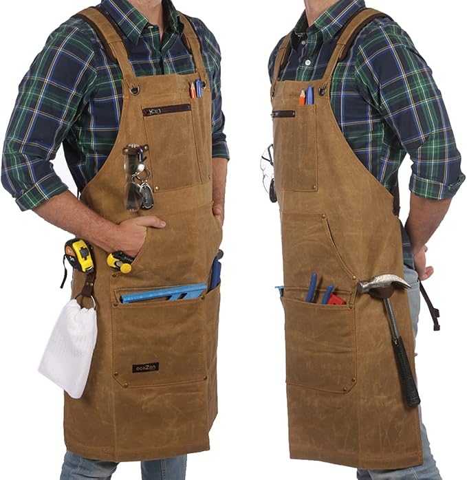 ecoZen Lifestyle Woodworking Apron for Men - Heavy Duty Waxed Canvas Carpenter Apron - For Workshop, Fully Adjustable S-XXXL