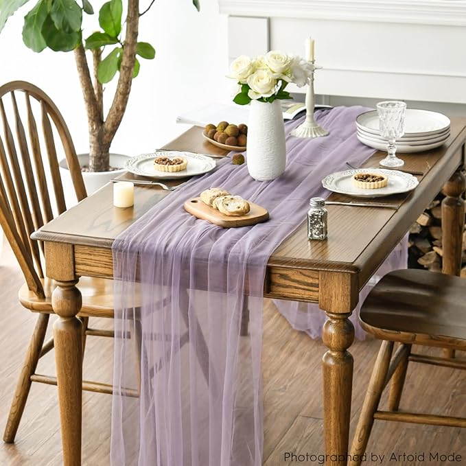 Artoid Mode Grayish Purple Gauze Table Runner 120 Inch 10FT, Seasonal Sheer Kitchen Dining Holiday Wedding Birthday Baby Shower Table Decor for Home Party