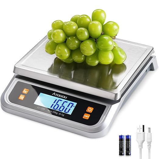 ATOGOU 66lb Food Scale, Commercial Kitchen Scale Plug-in Usable with Full View LCD Display, Stainless Steel, for Baking, Bread, Cooking, Meat, Vegetables, Farm, Industry LC200 Silver