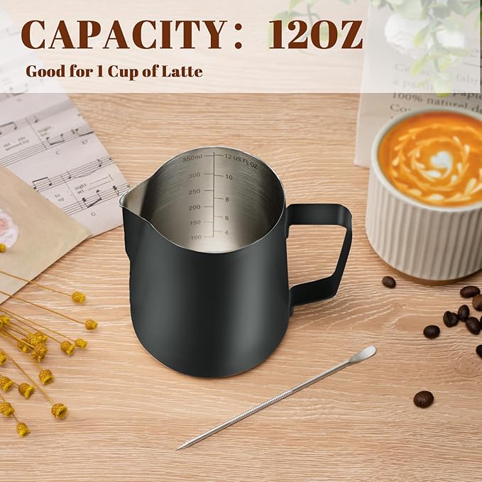 Amrules Milk Frothing Pitcher, 12oz Milk Frother Cup with Clear Scale, 304 Stainless Steel Cappuccino Espresso Machine Accessories for Barista Coffee Bar with Latte Art Pen, Black