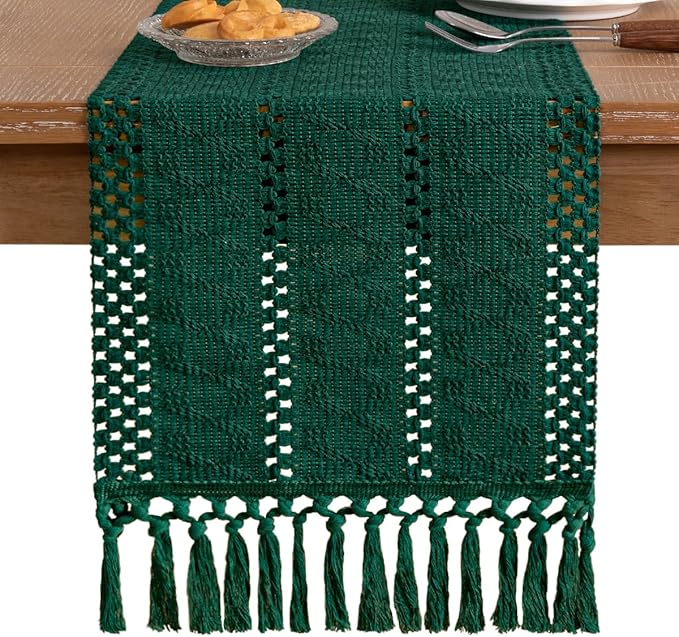 Socomi Boho Table Runner Macrame Long Easter Spring Farmhouse Woven Cotton Linen Rustic Coffee Table Runner with Tassels for Dresser Scarf Home Decor Dining Room 12x108 inch Emerald Green