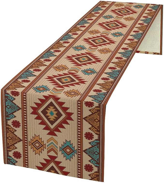 Retro Aztec Table Runner Western Native American Tribal Art Printed Runner for Home Kitchen Dining Table Living Room Decor Fabric 1 Panel W13xL36in