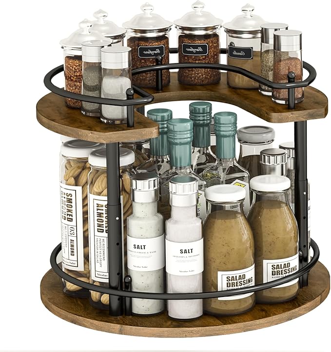 2 Tier Lazy Susan Organizer,2-Tier Spinning Spice Rack with Stable Carousel Base & 4 Height Settings for Cupboard Kitchen Countertop Dining Table Cupboard (Round)