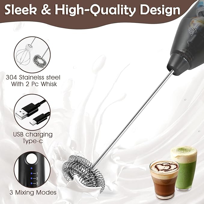 Powerful Milk Frother - Electric Handheld Milk Foam Maker with Stand, Milk Jug and 2 Stainless Steel Whisks, Rechargeable 3 Speeds for Coffee Lattes Cappuccino Matcha